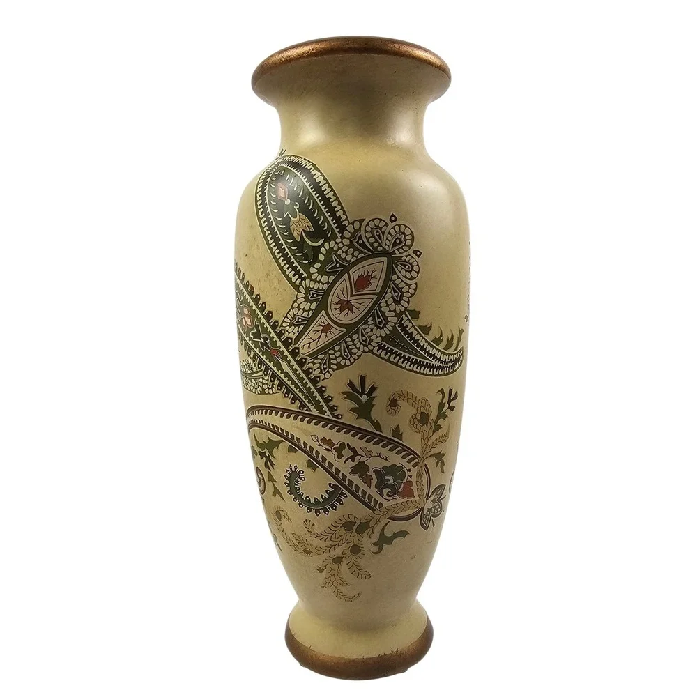Cream Paisley Decorative Vase Bronze Trim Earthy Green Floral Pattern 12in